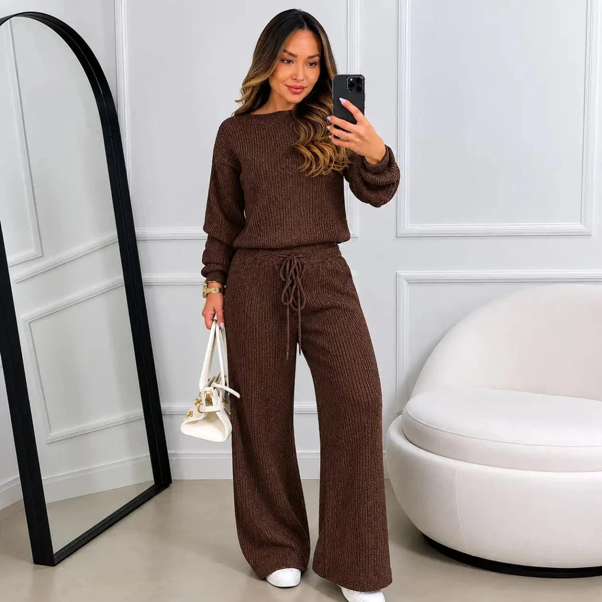 (Kit com 2) Conjunto Feminino Canelado em Tricot (Blusa + Calça) | PROMOÇÃO OUTONO/INVERNO - Mariana Modas