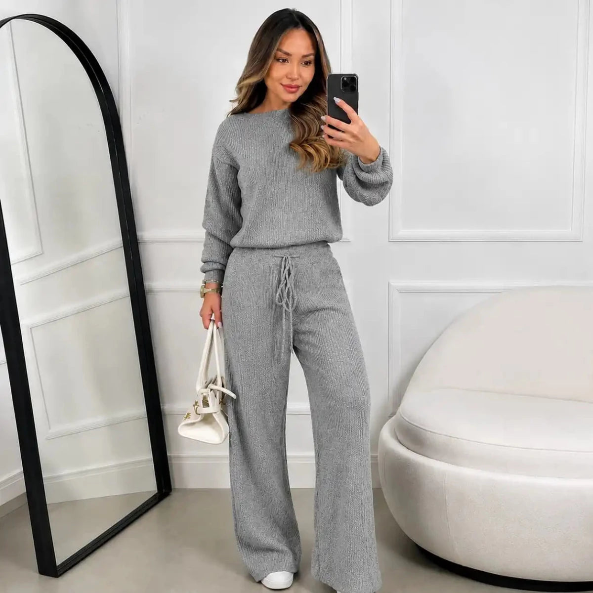 (Kit com 2) Conjunto Feminino Canelado em Tricot (Blusa + Calça) | PROMOÇÃO OUTONO/INVERNO - Mariana Modas
