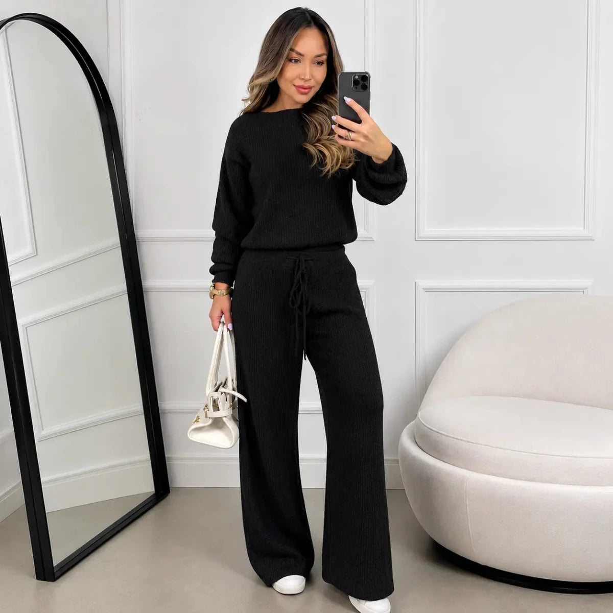 (Kit com 2) Conjunto Feminino Canelado em Tricot (Blusa + Calça) | PROMOÇÃO OUTONO/INVERNO - Mariana Modas