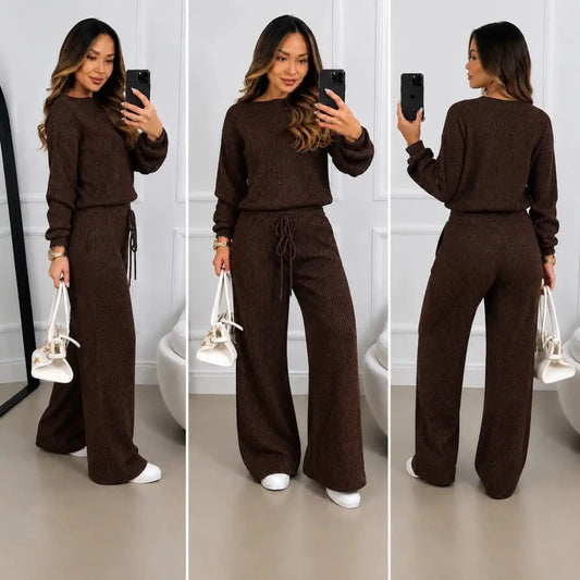 (Kit com 2) Conjunto Feminino Canelado em Tricot (Blusa + Calça) | PROMOÇÃO OUTONO/INVERNO - Mariana Modas